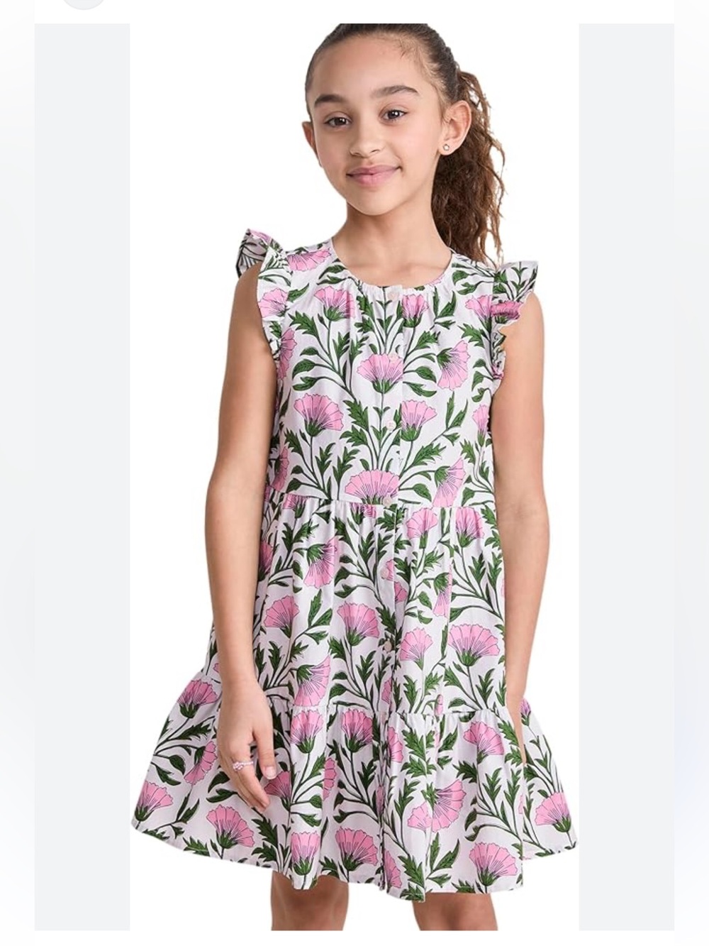 Vineyard Vines Girls Dress with Pink and Green Floral Print Tiered Button Down